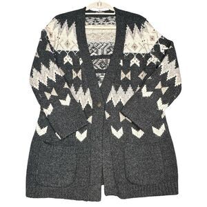 J Jill Sweater Cardigan Women's Medium Wool Blend Argyle Gray Southwestern Aztec